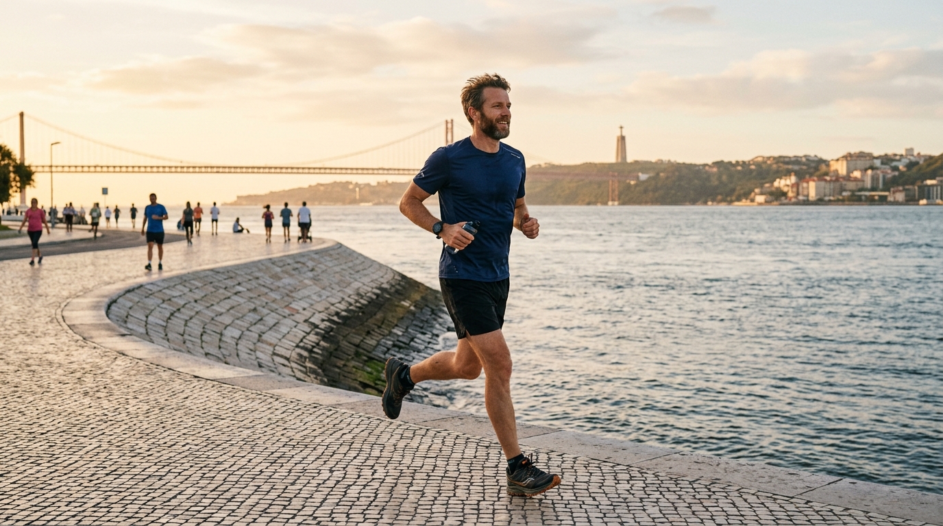 Homem a correr junto ao rio Tejo em Lisboa, estilo de vida activo