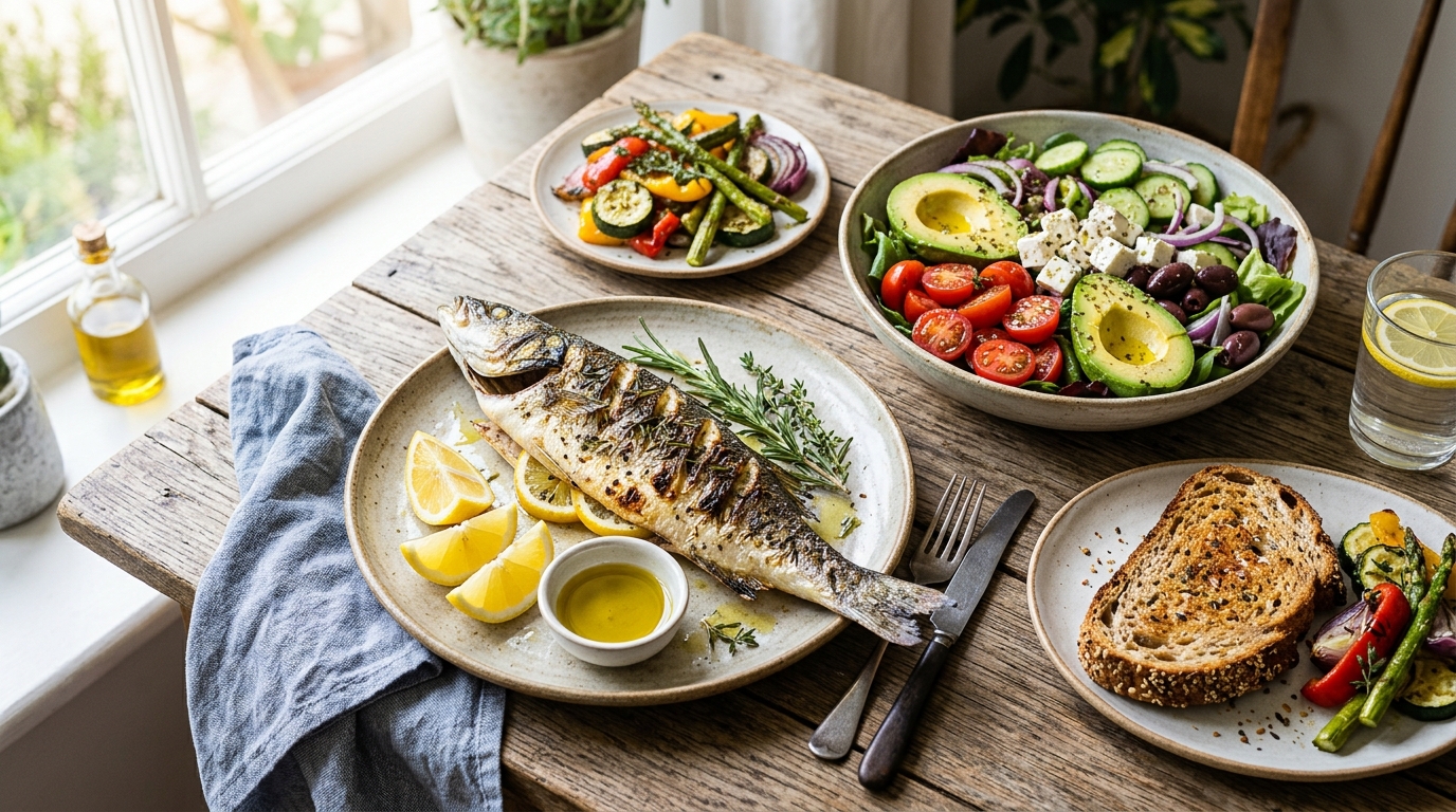 Mesa com refeição mediterrânica saudável, peixe grelhado, saladas e azeite