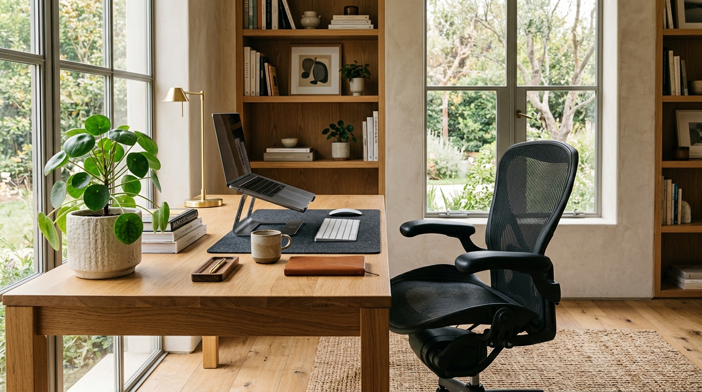 Espaço de trabalho ergonómico moderno com cadeira ajustável e luz natural