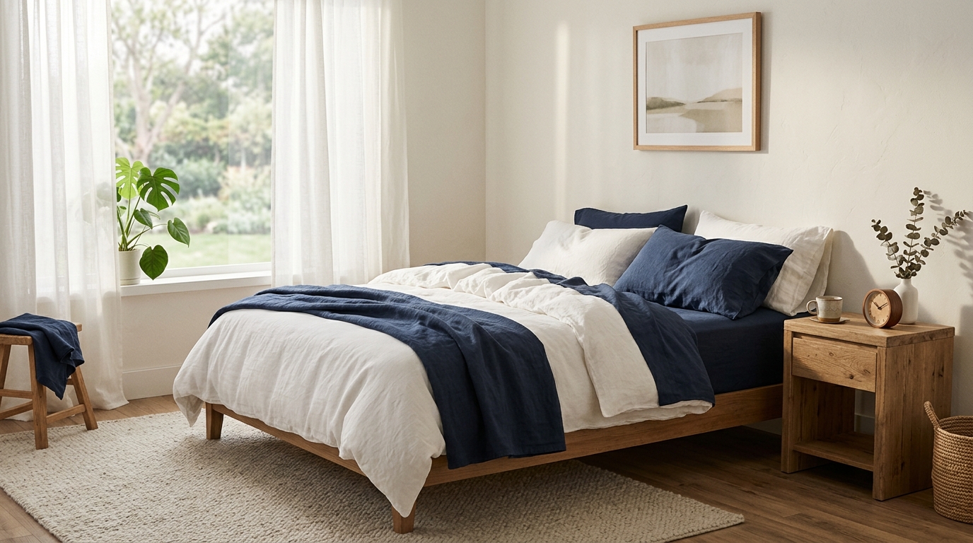 Quarto tranquilo com luz natural matinal e cama confortável